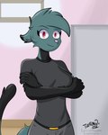 anthro black_body black_clothing black_fur clothed clothing crossed_arms detailed_background female fur green_body green_hair hair long_tail looking_at_viewer pink_nose red_eyes smile smiling_at_viewer solo tail text tleatlnox59 galia_(tleatlnox59) domestic_cat felid feline felis mammal 4:5 absurd_res hi_res url