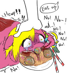 abuse ambiguous_gender ambiguous_human animal_abuse blonde_hair blue_hair bodily_fluids bound cannibalism character_prepared_as_food cruelty crying dialogue duo feral flayed food force_feeding forced forced_cannibalism fur gore green_body green_fur guts hair head_grab intestines organs pasta pink_body pink_fur plate severed_body_part severed_head shaking spaghetti suffering surgical_suture tears text torture traumatized trembling what yellow_eyes young young_feral yellowcottoncandy030 fluffy_pony fluffy_pony_(species) human mammal 1:1 2025 english_text hi_res