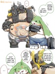 anthro bandolier big_ears clothed clothing dialogue duo ellipsis front_view gas_mask gun_arm male mask musclegut muscular naughty_face navel overweight size_difference standing tattoo text topless weapon hisashino bandai_namco blizzard_entertainment digimon overwatch roadhog_(overwatch) digimon_(species) gargomon mammal 3:4 comic english_text