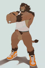 amber_eyes anthro armpit_hair balls barazoku beard biceps body_hair bottomless brown_body brown_fur brown_hair clothed clothing cracking_knuckles ear_piercing ear_ring erection facial_hair fangs footwear foreskin fur genitals hair looking_at_viewer male muscular muscular_anthro muscular_male nipples one_eye_closed open_mouth pecs penis piercing pubes quads ring_piercing sharp_teeth shirt shoes simple_background solo standing stretching tail tail_tuft tank_top teeth topwear triceps tuft vein veiny_penis darksideofdiscovery rossciaco final_fantasy final_fantasy_xiv square_enix felid hrothgar mammal 2021 animated hi_res no_sound short_playtime webm