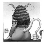 2_horns accessory bangs bar_counter beer_mug big_butt black_hair black_tail_tuft butt clothed clothed_female clothing coif counter disembodied_head dress duo female female_human female_humanoid furgonomics grey_body grey_clothing grey_dress grey_horn grey_skin grey_tail hair horn horn_accessory humanoid_pointy_ears jewelry light long_hair long_tail looking_at_another medium_hair musical_note musical_symbol noseless not_furry pointy_ears ring sitting_on_bar_counter sitting_on_counter solo_focus symbol tail tail_accessory tail_jewelry tail_ring tail_tuft tongue tongue_out tuft wavy_hair white_coif bingoblin lukka_(bingoblin) sunshine_(bingoblin) demon demon_humanoid horned_humanoid human humanoid mammal tailed_humanoid 2025 digital_drawing_(artwork) digital_media_(artwork) english_description greyscale hi_res lighting monochrome shaded