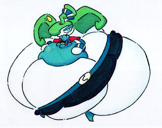 belly big_belly big_butt blue_eyes butt female green_hair hair overweight simple_background solo thick_thighs white_background white_body shar0makai nintendo pokemon generation_7_pokemon pokemon_(species) steenee 2026 absurd_res hi_res