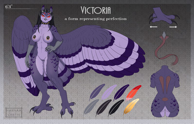 4_eyes 4_toes abs anthro black_hair collar collar_only curvy_figure feet female hair long_tongue multi_eye nipple_piercing nipple_ring nipples nude piercing purple_body red_eyes ring_piercing solo spiked_collar spikes text toes tongue wings zygodactyl harmaagriffin victoria_(rex5611) avian bird demon owl english_text hi_res model_sheet