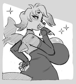 anthro breasts clothing dress female laugh mature_female side_boob solo queervanire canid canine canis domestic_dog mammal animated
