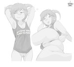 2023 anthro autism autistic bedroom_eyes blep bottomless bovid butt bzeh caprine carla_guzman clothed clothing digital_media_(artwork) domestic_sheep english_text female freckles genitals greyscale hair happy hi_res horn looking_at_viewer looking_back looking_back_at_viewer mammal meme meme_clothing monochrome narrowed_eyes profanity pussy seductive sheep shirt simple_background smile smiling_at_viewer solo tail text text_on_clothing text_on_shirt text_on_topwear tongue tongue_out topwear