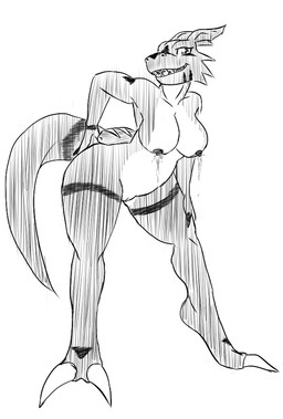 2_toes anthro biped bodily_fluids bread breasts feet female food genitals lactating nipples non-mammal_breasts non-mammal_nipples pose solo tail toes vulva wide_hips abuket bandai_namco digimon digimon_(species) guilmon scalie 2012 monochrome