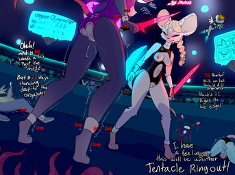 anthro arena bodily_fluids competition crowd cum defeated erection female fighting_ring genital_fluids genitals group male melee_weapon nude orgasm penis public sword tentacles text weapon privvys-art pawkaf mammal murid murine rodent absurd_res english_text hi_res