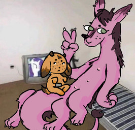 ambiguous_gender anthro carpet cathode_ray_tube claws dark_hair duo ear_piercing electronics feral floor freckled_face freckles fur gesture green_eyes gun hand_gesture horn lying mattress mattress_on_floor multi_nipple multicolored_body multicolored_fur nipples on_back on_lap orange_body orange_fur photo_background piercing pink_body pink_fur ranged_weapon screen shotgun sitting_on_lap television v_sign weapon young darkcyndoge mythology jude_(darkcyndoge) demon dragon furred_dragon furred_scalie hybrid imp mythological_creature mythological_scalie scalie photography_(artwork)