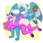 1:1 adult_baby ageplay anthro big_breasts blue_body blue_eyes blue_feathers blue_fur blush breasts butt_slap cael_thunderwing canid canine canis clothed clothing diaper duo feathers female female/female flammie fur hair hi_res huge_breasts infantilism mammal mana_(series) marealeopard on_lap paddle pawpads pink_body pink_fur roleplay slap spanking square_enix tail tail_grab wearing_diaper white_body white_fur white_hair wolf yuni_hermit