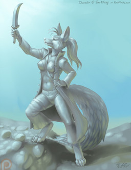 anthro bra breasts clothing copyright_symbol dagger female hair melee_weapon nipple_outline sculpture solo statue symbol tail underwear weapon iggi canid canine fox mammal 2015 hi_res