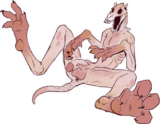 4_toes anus balls black_claws claws empty_eyes feet feral genitals hairless half-erect humanoid_genitalia humanoid_penis male open_mouth penis pink_anus pink_balls pink_body pink_penis pink_skin pink_tail ribs sharp_teeth simple_background solo spread_legs spreading tail teeth toes unsigned vein veiny_penis white_background wrinkles swampjaws