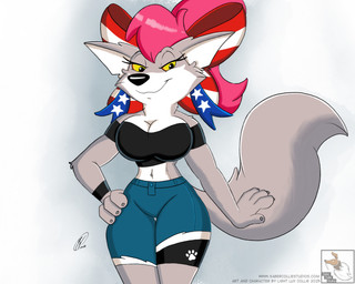 anthro bottomwear bow_ribbon clothing crop_top crossgender denim denim_bottomwear denim_clothing female jeans pants shirt solo text topwear lightluxcollie faye_(lightluxcollie) canid canine canis mammal wolf hi_res url
