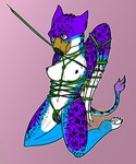 anthro bdsm beak blue_body blue_fur body_harness bondage bound collar female fur green_rope harness leash leash_pull markings no_shading pawpads paws purple_body purple_fur restraints rope rope_bondage rope_harness simple_background solo spots spotted_markings white_body white_fur wings kinkykaida mythology odessa_storm avian bird gryphon mythological_avian mythological_creature 5:6 absurd_res hi_res