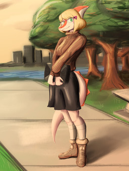 accessory anthro blonde_hair bottomwear clothing detailed_background eyelashes eyewear female fingers glasses green_eyes hair hair_accessory hairpin long_tail looking_at_viewer orange_body orange_scales outside plant scales short_hair skirt smile snout solo spikes spikes_(anatomy) sweater tail topwear tree unknown_artist cavemanon_studios goodbye_volcano_high ko_op_(game_developer) microsoft snoot_game xbox xbox_game_studios naomi_(gvh) dinosaur hadrosaurid ornithischian ornithopod parasaurolophus prehistoric_species reptile scalie 2023 digital_drawing_(artwork) digital_media_(artwork) hi_res