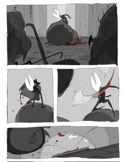 anthro biped black_body blood blood_drip bodily_fluids booby_trap chain dialogue dripping featureless_feet feet female group horn larger_anthro larger_male male mostly_greyscale obese obese_anthro obese_male overweight overweight_anthro overweight_male pressure_plate revenge segmented_body severed_body_part severed_head size_difference smaller_anthro smaller_female speech_bubble throwing_object justdog hollow_knight:_silksong hollow_knight_(franchise) team_cherry hornet_(hollow_knight) arachnid arthropod fly_(animal) insect spider wardenfly 2026 comic hi_res