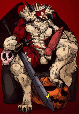 abs accessory amber_eyes animal_genitalia animal_penis anthro aroused athletic athletic_male balls barazoku bat_wings belt biceps big_balls big_muscles big_pecs big_penis biped black_markings blood bodily_fluids body_hair bottomwear canine_genitalia canine_penis chair chest_fur chest_hair chest_tuft claw_fingers claws clothed clothing dipstick_ears ear_markings ear_piercing erection facial_markings fingers first_person_view fluffy fluffy_chest fluffy_tail food for_a_head front_view fruit fur furniture genital_fluids genitals glans grin hair head_markings holidays huge_balls huge_penis humanoid_hands jack-o'-lantern jewelry jockstrap knot_(anatomy) knotting leaking long_tongue looking_at_viewer looking_down low-angle_view male male_anthro manly markings melee_weapon membrane_(anatomy) membranous_wings moon multicolored_body multicolored_ears multicolored_fur multicolored_hair muscular muscular_anthro muscular_male muscular_thighs naughty_face navel neck_tuft nervous nervous_sweat nipples nude open_mouth pants pecs penis piercing plant pose pumpkin pumpkin_head quads red_background red_body red_fur saliva scar sharp_teeth simple_background sitting skull_throne smile snout solo spiky_fur spiky_hair sweat sword tail tan_background tan_body teeth thick_arms thick_penis thick_thighs throne tight_clothing tongue tongue_out topless torn_bottomwear torn_clothing torn_pants triceps tuft two_tone_body two_tone_fur underwear vein veiny_penis weapon white_body white_fur white_hair wings yellow_body yellow_eyes jwbash epic_games fortnite game_freak halloween mythology nintendo pokemon kyoto_rex lycan_west_(fortnite) canid canine dusk_lycanroc generation_7_pokemon lycanroc mammal mythological_canine mythological_creature object_head pokemon_(species) werecanid werecanine werecreature werewolf 2025 absurd_res digital_media_(artwork) hatching_(art) hi_res shaded