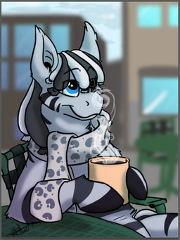accessory beverage blue_eyes coffee coffee_cup container cup dreadlocks feral grey_body hair_accessory hair_tie hooves male mane scarf solo stripes scruffasus hasbro my_little_pony ruzeth equid equine mammal zebra