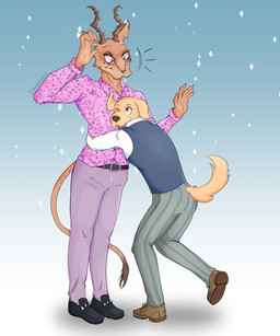 anthro brown_body brown_fur clothed clothing duo eye_spots fur horn hug male markings school_uniform smile spots spotted_body spotted_fur surprised uniform yellow_body yellow_eyes yellow_fur seachord beastars jack_(beastars) melon_(beastars) antelope bird_dog bovid canid canine canis domestic_dog felid gazelle hunting_dog hybrid labrador leopard mammal pantherine retriever digital_media_(artwork) hi_res