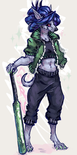 anthro black_bottomwear black_clothing black_pants black_shirt black_topwear blue_hair bottomwear claws clothing female fur green_clothing green_jacket green_topwear grey_body grey_fur hair holding_bat jacket looking_aside navel pants shirt simple_background solo sparkles standing tail topwear savielle mammal species_request 2026 absurd_res digital_media_(artwork) hi_res