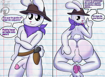 anthro anus bulge butt clothing cowbell cowboy_hat cowboy_outfit femboy genitals hat headgear headwear male paws penis rabi_moon rear_view solo spread_butt spreading text thick_penis thick_thighs toony white_body pixelt lagomorph leporid mammal rabbit hi_res spanish_text translated