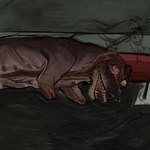 ambiguous_gender brown_body brown_fur corpse death decay decaying detailed_background feral fur gore larva looking_up lying on_side partially_submerged solo puppy_meats arthropod insect maggot mammal species_request hi_res unfinished