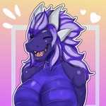 1:1 absurd_res anthro aurora_stellaris belly_scales big_breasts breasts dovecake dragon eyes_closed fangs female gradient_background hair happy heart_symbol hi_res horn long_hair multi_horn mythological_creature mythological_scalie mythology purple_body purple_hair purple_scales scales scalie simple_background smile snout solo teeth tongue