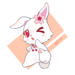 anatomically_inaccurate anatomically_inaccurate_pawpads biped bipedal_feral cherry cherry_blossom eyelashes female feral floppy_ears flower flower_accessory flower_on_head food fruit fur gem genitals jewelry long_ears long_eyelashes looking_at_viewer necklace one_eye_closed open_mouth pawpads paws pearl_(gem) pearl_necklace pink_flower pink_inner_ear pink_nose pink_pawpads plant plump_labia prunus_(flower) rabbit_ears raised_paw red_eyes red_text scut_tail shadow short_tail simple_background solo spread_legs spreading tail text thin_eyebrows toony tuft vulva white_body white_ears white_face white_fur white_hands white_paws white_tail white_tuft young young_female zyuuniie jewelpet sanrio sega sega_fave ruby_(jewelpet) lagomorph leporid mammal rabbit 1:1 2025 colored digital_drawing_(artwork) digital_media_(artwork) hi_res signature