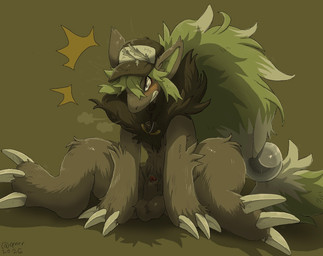 after_transformation angry animal_genitalia animal_penis balls canine_genitalia canine_penis chest_tuft claws clenched_teeth clothing genitals hat headgear headwear jewelry male necklace penis sheath simple_background sitting solo spread_legs spreading teeth transformation tuft qrnrr nintendo pokemon n_(pokemon) generation_5_pokemon pokemon_(species) zoroark