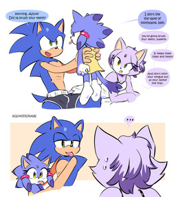 anthro blep blue_body blue_fur bodily_fluids bottomwear clothed clothing dialogue ellipsis female footwear forehead_gem fur gem green_eyes group male purple_body purple_fur quills_(anatomy) shorts shorts_only socks speech_bubble sweat sweatdrop tan_arms tan_hands tan_mouth tan_torso text tongue tongue_out topless trio yellow_eyes quavernsfw sega sonic_the_hedgehog_(series) azure_(quavernsfw) blaze_the_cat fan_character sonic_the_hedgehog domestic_cat eulipotyphlan felid feline felis hedgehog mammal english_text hi_res daughter_(lore)