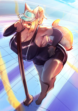 5_fingers amber_eyes anthro barefoot big_breasts biped black_clothing black_one-piece_swimsuit black_swimwear blonde_hair breasts broom brown_body brown_fur cleaning_tool cleavage clothed clothing countershade_arms countershade_face countershade_fur countershade_legs countershade_torso countershading curvy_figure day detailed_background feet female female_anthro fingers front_view fully_clothed fur glistening glistening_breasts glistening_clothing glistening_swimwear hair hand_on_hip hat headgear headwear high-angle_view hourglass_figure huge_breasts kemono leaning leaning_forward leaning_on_object light looking_at_viewer monotone_hair monotone_tail multicolored_body multicolored_fur navel_outline one-piece_swimsuit open_mouth open_smile outside ponytail pupils sky slightly_chubby smile solo standing sunlight swimwear tail tan_body tan_breasts tan_countershading tan_ears tan_fur tan_tail three-quarter_view two_tone_body two_tone_fur visor_cap voluptuous white_inner_ear wide_hips yellow_eyes yurari_yr canid canine fox mammal 2023 colored digital_media_(artwork) full-length_portrait guide_lines hi_res portrait shaded