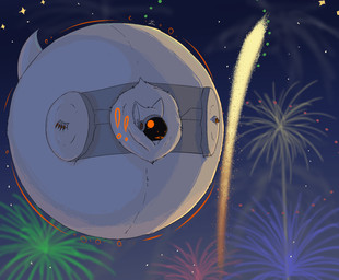 exclamation_point fireworks fur holidays hyper hyper_inflation inflation machine motion_lines night orange_sclera star sunken_limbs tail white_body white_fur starorb 4th_of_july protogen hi_res