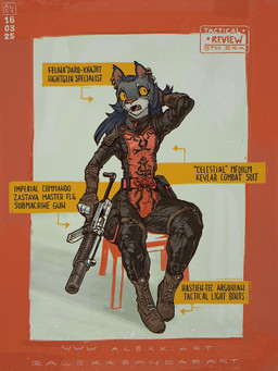 anthro belt_buckle black_clothing boots buckle bulletproof_vest chair clothing ear_piercing ear_ring eyelashes female footwear furniture gloves gun hair handwear holding_object holding_ranged_weapon holding_weapon orange_background piercing pouch_(clothing) ranged_weapon red_clothing red_topwear red_vest ring_piercing shoes silencer simple_background sitting solo submachine_gun tactical_gear text topwear vest weapon yellow_eyes zipper alekksandar conditional_dnp microsoft the_elder_scrolls zastava_arms felina'ma domestic_cat felid feline felis khajiit mammal 2025 3:4 english_text hi_res