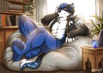 abs anthro bean_bag calm clothing cosmic_fur decoration electronics happy headphones inside legwear light listening_to_music male muscular pantyhose relaxed_expression sitting solo sunlight tights littlebadwolf kuro_(kur0z) canid canine canis mammal wolf absurd_res hi_res