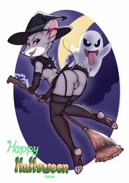 3_toes 4_fingers anthro armwear back_boob bedroom_eyes biped black_armwear black_bottomwear black_clothing black_elbow_gloves black_eyebrows black_fingerless_gloves black_fingernails black_garter_straps black_gloves black_handwear black_hat black_headwear black_legwear black_nails black_sclera black_skirt black_stockings black_thigh_highs black_topwear border bottomwear breasts broom broom_riding butt cleaning_tool clothed clothed_anthro clothed_female clothing cloud colored_nails countershade_face countershade_fur countershading crescent_moon duo elbow_gloves eyebrows eyelashes eyeshadow feet female female_anthro fingerless_gloves fingernails fingers fur furgonomic_hat furgonomic_headwear furgonomics garter_straps genitals gloves green_text grey_body grey_fur grey_tail grey_vulva handwear hat headgear headwear holding_broom holding_cleaning_tool holding_object holidays humanoid_genitalia humanoid_vulva iris legwear lingerie looking_at_viewer looking_back looking_back_at_viewer makeup miniskirt moon multicolored_body multicolored_fur nails narrowed_eyes night no_underwear open_mouth open_smile outside outside_border pink_inner_ear pink_nose pink_tongue pose pupils purple_eyes purple_eyeshadow seductive skimpy skirt smile smiling_at_viewer snout soles solo_focus stirrup_legwear stirrup_stockings stirrup_thigh_highs stockings tail tail_under_skirt teeth text thigh_highs thin_tail three-quarter_view toes tongue tongue_out topwear two_tone_body two_tone_fur vulva white_body white_border white_countershading white_eyes white_fur white_sclera witch_costume witch_hat luraiokun geronimo_stilton_(series) halloween thea_stilton ghost mammal mouse murid murine rodent spirit 2024 dated digital_media_(artwork) english_text full-length_portrait hi_res pinup portrait