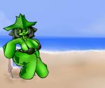 2018 6:5 beach beepunz big_breasts bikini black_hair black_sclera breasts butt cacturne cactus chair clothing detailed_background elemental_creature female flora_fauna furniture generation_3_pokemon green_body hair hat headgear headwear hi_res huge_breasts humanoid lawn_chair looking_aside nintendo non-mammal_breasts nora_(elfdrago) not_furry outside plant pokemon pokemon_(species) sand seaside sitting sky solo spikes swimwear thick_thighs thorns water yellow_eyes