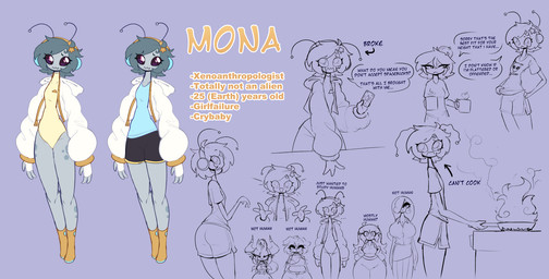 antennae_(anatomy) anthro big_eyes clothing cooking dialogue directional_arrow female green_hair grey_body grey_skin group hair hoodie short_hair slim text topwear mysterydad elise_(mysterydad) karen_(mysterydad) mona_(mysterydad) vile_(mysterydad) viola_(mysterydad) yip_(mysterydad) alien alien_humanoid aquatic canid canine canis cephalopod coleoid demon demon_humanoid domestic_dog human humanoid imp mammal mollusk octopodiform octopus vampire english_text hi_res model_sheet