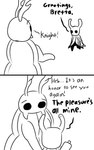 2_horns 2_panel_comic ambiguous_gender antennae_(anatomy) biped black_eyes black_text cloak clothing dialogue duo ellipsis exclamation_point eyebrows horn looking_at_another simple_background standing talking_to_another text walking weapon_on_back white_background white_head skeletorskeletonized hollow_knight team_cherry bretta_(hollow_knight) the_knight_(hollow_knight) arthropod beetle insect vessel_(species) 2020 5:8 comic digital_media_(artwork) english_text hi_res