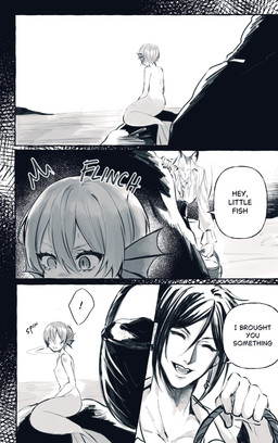 adolescent alternate_species dialogue duo ear_fins exclamation_point fin male smile speech_bubble split_form tail tail_fin text young young_humanoid young_male kurosh00kie black_butler ciel_phantomhive sebastian_michaelis aquatic human humanoid mammal merfolk comic english_text greyscale hi_res monochrome