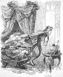 anthro bed bedroom breasts bucket cape cape_only clothing clothing_grab container duo female food fruit furniture grape inside looking_at_another male mostly_nude nipples non-mammal_breasts nude nude_anthro nude_female plant wine_bottle heinrich_kley amphibian frog 1910 20th_century ancient_art black_and_white monochrome