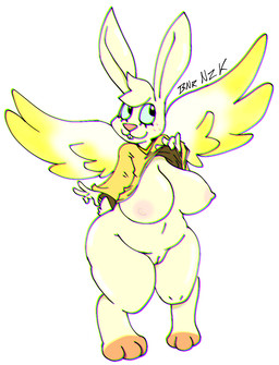 anthro big_breasts breasts female huge_breasts rabbit_ears solo thick_thighs wide_hips yellow_body bnrnzk angel_hare the_east_patch angel_gabby hi_res