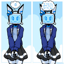 :3 bottomwear clothing looking_at_viewer machine male not_furry screen screen_face simple_background skirt smile solo thought_bubble baronflint camelot_(baronflint) humanoid robot robot_humanoid 1:1