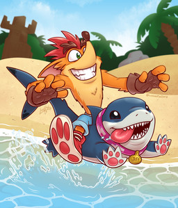anthro beach bottomwear clenched_teeth clothing cloud collar duo fingerless_gloves footwear gloves green_eyes handwear male name_tag palms pants pawpads riding_on_back rock running sand shark_fin shark_tail shark_teeth shoes sky smile splash tail teeth tongue tongue_out water luchosfactory activision crash_bandicoot_(series) crash_bandicoot jeff_the_land_shark aquatic bandicoot fish mammal marsupial shark 2025 hi_res