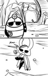 2_horns 2_panel_comic ambiguous_gender bandage biped black_body black_eyes black_text cave cloak clothing crystal duo ellipsis holding_crystal holding_pickaxe horn male pickaxe rock standing text white_head skeletorskeletonized hollow_knight team_cherry zote_(hollow_knight) arthropod 2020 comic digital_media_(artwork) english_text hi_res monochrome