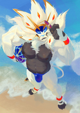 anthro ball beach beach_ball blue_clothing blue_speedo blue_swimwear bulge clothing eyewear fur high-angle_view inflatable looking_at_viewer male mane musclegut muscular muscular_anthro muscular_male nipples pecs sea solo speedo sunglasses swimwear water white_body white_fur masedumpy nintendo pokemon felid generation_7_pokemon legendary_pokemon lion mammal pantherine pokemon_(species) solgaleo hi_res