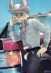 anthro belt bottomwear brown_body brown_fur bulge car clothed clothing cowboy cowboy_outfit denim denim_bottomwear denim_clothing dress_shirt fluffy fluffy_tail fur gun hat headgear headwear holster jeans leaning light_truck long_ears male open_clothing open_shirt open_topwear pants pickup_truck ranged_weapon red_eyes serious shirt short_fur smile smirk solo suggestive tail topwear truck vehicle weapon donfurro chesse_garra_gomez hare lagomorph leporid mammal digital_media_(artwork) hi_res shaded