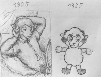 anthro bed clothing date ears_up eyebrows fur furniture gloves handwear horn inside lying lying_on_bed lying_on_pillow male on_back on_bed pillow smile solo standing text wool_(fur) reynard_goodfellow reynard_the_baa bovid caprine mammal sheep monochrome