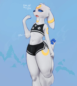 anthro bioluminescence blue_eyes blue_nose blue_pawpads bodily_fluids bottomwear bulge clothing digitigrade dolphin_shorts exposed_belly femboy fur glowing handpaw male midriff navel open_mouth pawpads paws shorts solo sportswear stretching sweat tired white_body white_fur trigaroo nintendo pokemon trig eeveelution generation_2_pokemon pokemon_(species) umbreon 2023 hi_res