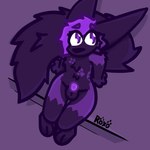 anthro balls big_ears big_tail chastity_cage chastity_cage_only chastity_device chastity_device_only footprint fur genitals hair high-angle_view male markings nude pawprint pawprint_(marking) purple_body purple_eyes purple_fur purple_hair purple_tail simple_background sitting solo tail wearing_chastity_cage wearing_chastity_device roxo_(artist) roxo canid canine fennec_fox fox mammal true_fox 1:1 signature