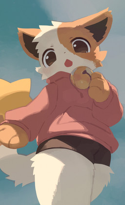 ambiguous_anthro ambiguous_gender anthro bell big_eyes biped black_bottomwear black_clothing black_shorts blush bottomwear brown_eyes brown_inner_ear cheek_tuft clothed clothing cloud facial_tuft front_view fully_clothed fur glistening glistening_eyes handpaw hoodie kemono looking_at_viewer low-angle_view multicolored_body multicolored_fur open_mouth orange_body orange_ears orange_fur outside paws pink_clothing pink_hoodie pink_topwear shorts sky solo spandex spandex_shorts standing star_polygon tight_bottomwear tight_clothing tight_shorts topwear tuft two_tone_body two_tone_fur white_body white_fur olyester domestic_cat felid feline felis mammal 2026 colored digital_media_(artwork) portrait shaded three-quarter_portrait