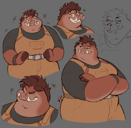 anthro breasts clothing crossed_arms ear_piercing facial_piercing female hair happy nose_piercing nose_ring overalls overweight overweight_female piercing ring_piercing smile solo tusks krunnnnnch dreamworks the_bad_guys pigtail_(the_bad_guys) mammal suid suine sus_(pig) wild_boar colored digital_media_(artwork) sketch_page